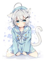 Rule 34 | 1girl, abe suke, ahoge, animal ears, blue eyes, blue hat, blush, borrowed character, cat ears, cat tail, commentary request, dress, floral print, grey hair, hair between eyes, hat, long sleeves, looking at viewer, original, parted lips, sailor dress, short hair, solo, striped, tail