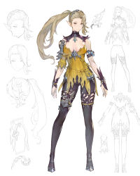 Rule 34 | 1girl, absurdres, armor, asymmetrical clothes, bare shoulders, blonde hair, blush, breasts, closed mouth, concept art, detached collar, dress, full body, greyscale, hair ornament, highres, long hair, looking at viewer, medium breasts, monochrome, multiple views, onacia, original, pants, pointy ears, ponytail, purple eyes, short dress, short sleeves, shoulder armor, simple background, skin tight, sleeveless, smile, solo, standing, wrist cuffs, yellow dress