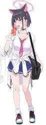 Rule 34 | 1girl, animal ears, bag, black hair, blue archive, blush, breasts, cat ears, clearite, clothes around waist, full body, hair ornament, hairclip, halo, juice box, kazusa (blue archive), multicolored hair, necktie, open mouth, pink hair, school bag, school uniform, short hair, simple background, socks, solo, sweatdrop, two-tone hair, white background, white socks