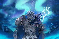Rule 34 | 1boy, animal ears, arm tattoo, aurora, bara, bigfoot (housamo), blue eyes, blue horns, cape, commentary request, cow ears, feather necklace, feathers, fringe trim, furry, furry male, glowing horns, glowing staff, glowing tattoo, hand up, highres, holding, holding staff, hood, hood down, hooded cape, horns, jewelry, male focus, minotaur, muscular, muscular male, native american, native american clothes, necklace, night, night sky, one eye closed, open mouth, short hair, sky, smile, snow, solo, staff, star (sky), tattoo, tokyo houkago summoners, tooth necklace, tribal tattoo, upper body, white fur, white hair, zoyu (wuedti)