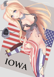 Rule 34 | 10s, 1girl, american flag, areola slip, arm behind head, arms up, blonde hair, bottomless, breasts, burnt clothes, character name, cleavage, collar, front-tie top, highres, iowa (kancolle), kantai collection, komi (komiking), large breasts, long hair, looking at viewer, navel, purple eyes, skirt, solo, star-shaped pupils, star (symbol), symbol-shaped pupils, thighhighs, torn clothes, torn skirt, wrist cuffs