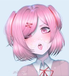 Rule 34 | 1girl, artist name, blazer, blue background, blurry, bob cut, bokeh, brown jacket, close-up, commentary, dead temple, depth of field, doki doki literature club, dress shirt, english commentary, eyelashes, hair ornament, hair over one eye, hair ribbon, hair strand, head tilt, highres, jacket, looking at viewer, messy, natsuki (doki doki literature club), neck ribbon, open mouth, pink eyes, pink hair, portrait, red ribbon, ribbon, saliva, saliva trail, school uniform, sexually suggestive, shadow, shirt, short hair, signature, simple background, solo, swept bangs, teeth, tongue, tongue out, tsundere, two side up, upper teeth only, v-shaped eyebrows, white shirt, x hair ornament, yogurt