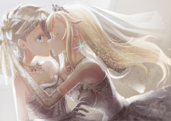 Rule 34 | 2girls, absurdres, alternate costume, ange (princess principal), bare shoulders, blonde hair, blue eyes, breasts, bride, cleavage, closed eyes, collarbone, couple, diadem, dress, earrings, elbow gloves, female focus, floating hair, flower, gloves, grey dress, grey gloves, grey hair, hair flower, hair ornament, highres, hug, imminent kiss, jewelry, kiss, long dress, long hair, looking at another, medium breasts, multiple girls, neck, necklace, princess (princess principal), princess principal, short hair, sparkle, straight hair, strapless, strapless dress, surprise kiss, surprised, veil, very long hair, wedding dress, white flower, wife and wife, yuri