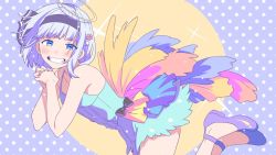 Rule 34 | 1girl, bare shoulders, black bow, black hairband, blue dress, blue eyes, blunt bangs, blush, bob cut, bow, collarbone, commentary request, derivative work, dotted background, dress, evandragon, feather trim, feathers, frilled dress, frills, grin, hair ornament, hairband, hitodama, honeyworks, kokuhaku jikkou iinkai, konpaku youmu, looking at viewer, own hands together, pale color, parody, short hair, silver hair, smile, solo, sparkle, touhou