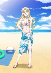 Rule 34 | 1girl, arm behind back, bare legs, beach, beach towel, bikini, blonde hair, blue eyes, blush, breasts, cleavage, cloud, contrapposto, cooler, day, drill hair, drill sidelocks, facing viewer, front-tie bikini top, front-tie top, full body, hand on own hip, highres, innertube, long hair, looking at viewer, marguerite pistail, medium breasts, midriff, miyagi yuki, navel, ocean, open mouth, parted bangs, quad drills, sandals, sarong, side drill, sidelocks, sky, solo, standing, super robot wars, super robot wars z, super robot wars z2, swim ring, swimsuit, towel, white bikini