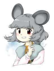 Rule 34 | 1girl, :d, animal, animal ears, animal on shoulder, capelet, grey capelet, grey hair, hand up, long sleeves, mouse (animal), mouse ears, mouse girl, nazrin, nonamejd, official style, open mouth, red eyes, short hair, smile, solo, touhou, upper body, zun (style)