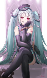 Rule 34 | 1girl, absurdres, aqua hair, arm support, azusa (azunyan12), bare shoulders, black dress, black gloves, black headwear, black thighhighs, commentary, crossed legs, cuffs, dress, elbow gloves, fork, gears, gloves, grin, hair ornament, handcuffs, hatsune miku, head rest, highres, holding, holding fork, long hair, looking at viewer, raised eyebrow, red eyes, sadistic music factory (vocaloid), shoulder tattoo, signature, sitting, sleeveless, sleeveless dress, smile, solo, tattoo, thighhighs, twintails, very long hair, vocaloid