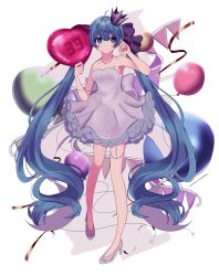 Rule 34 | 1girl, 39, absurdly long hair, absurdres, alternate costume, anniversary, aqua eyes, aqua hair, artist name, artist request, balloon, bare legs, bare shoulders, barefoot, blue eyes, blue hair, bow, breasts, chest tattoo, cleavage, collarbone, commentary, crown, dress, feet, female focus, full body, glass slipper, hair bow, hatsune miku, high heels, highres, holding, holding balloon, jewelry, long hair, looking to the side, mini crown, necklace, number tattoo, purple bow, purple dress, red balloon, shibuki yuu, skirt, small breasts, solo, tattoo, twintails, very long hair, vocaloid, white dress, white footwear, white high heels, white skirt