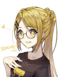 Rule 34 | 1girl, bad id, bad pixiv id, blonde hair, blush, collarbone, glasses, hair ornament, hairclip, hand on own chest, heart, highres, hwayoung, korean text, long hair, looking at viewer, mole, mole under eye, original, parted lips, ponytail, smile, solo, translation request, upper body, yellow eyes