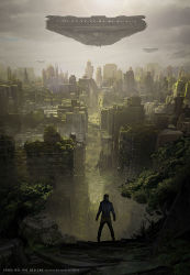 Rule 34 | 1boy, bad cghub id, bad id, boots, building, city, cityscape, cloud, cloudy sky, edward del rio, from behind, highres, jacket, legs apart, original, overgrown, post-apocalypse, realistic, ruins, scenery, science fiction, silhouette, sky, skyscraper, spacecraft, technology, tree, vanishing point, wide stance