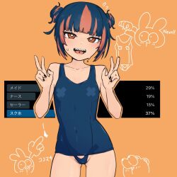 Rule 34 | 1girl, :d, bare shoulders, black nails, blue hair, collarbone, commentary, covered navel, crotch cutout, double bun, double v, flat chest, flying sweatdrops, gluteal fold, hair bun, highres, looking at viewer, multicolored hair, open mouth, orange background, orange eyes, orange hair, pasties under clothes, piercing, post (shake shakepost), school swimsuit, screenshot inset, sharp teeth, short hair, smile, solo, sweat, swimsuit, symbol-only commentary, teeth, tongue piercing, translation request, twitter, two-tone hair, v