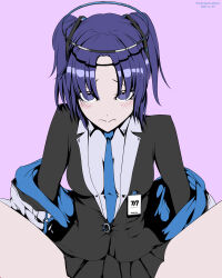 Rule 34 | 1girl, absurdres, blue archive, blue necktie, blush, collared shirt, formal, halo, hanekawatsubasa-56, highres, id card, jacket, miniskirt, necktie, off shoulder, open clothes, open jacket, parted bangs, pleated skirt, purple eyes, purple hair, shirt, sidelocks, skirt, solo, suit, two-sided fabric, two-sided jacket, two side up, white shirt, yuuka (blue archive)