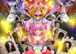 Rule 34 | 2girls, alice (alice in wonderland), alice in wonderland, animal ears, axe, bad id, bad pixiv id, blonde hair, bow, bracelet, breasts, castle, choker, cleavage, corset, crown, elbow gloves, frills, gloves, glowing, hair bow, hair ornament, heart, jewelry, light purple hair, medium breasts, multiple girls, open mouth, original, puzzle, puzzle piece, queen of hearts (alice in wonderland), rabbit ears, red eyes, twintails, upside-down, weapon, white rabbit (alice in wonderland), yuzu izumi