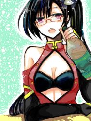 Rule 34 | 1girl, arc system works, bare shoulders, black bra, black hair, blazblue, blazblue: calamity trigger, bottle, bra, breasts, china dress, chinese clothes, dress, female focus, glasses, lingerie, litchi faye ling, long hair, open mouth, purple eyes, solo, underwear