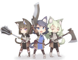 Rule 34 | 3girls, :3, :d, animal ear fluff, animal ears, armor, axe, black hair, blue eyes, blush, brown gloves, brown hair, cat ears, cat tail, chibi, commentary request, closed eyes, full body, gloves, green hair, hair ornament, hairclip, long hair, looking at viewer, mace, mofu namako, multiple girls, open mouth, original, purple eyes, short hair, simple background, smile, standing, sword, tail, weapon, white background