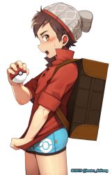 Rule 34 | 1boy, absurdres, beanie, blue boxer briefs, blue male underwear, blush, boxer briefs, brown hair, covering crotch, covering privates, creatures (company), daikung, dated, game freak, grey hat, hat, highres, holding, holding poke ball, looking at viewer, male focus, male underwear, nintendo, no pants, open mouth, poke ball, poke ball (basic), pokemon, pokemon swsh, popped collar, profile, red shirt, shirt, simple background, sleeves rolled up, solo, suitcase, twitter username, underwear, victor (pokemon), white background, yellow eyes