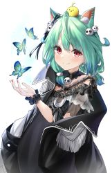 Rule 34 | 1girl, absurdres, animal, animal ear fluff, animal ears, animal on head, bird, bird on head, black coat, black dress, blue hair, blush, bug, butterfly, cat ears, closed mouth, coat, coat on shoulders, commentary, detached collar, dress, ear piercing, green butterfly, green hair, hair ornament, hand up, highres, hololive, insect, looking at viewer, medium hair, multicolored hair, nail polish, on head, piercing, piyoko (uruha rushia), red eyes, red nails, short twintails, simple background, skull hair ornament, smile, solo, streaked hair, tsurupy, twintails, uruha rushia, uruha rushia (3rd costume), virtual youtuber, white background, wrist cuffs