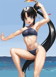 Rule 34 | 1girl, :o, abs, arm up, armpits, bare arms, bare legs, bare shoulders, barefoot, bikini, black bikini, black hair, blue eyes, blue sky, blush, breasts, commentary request, day, fate/grand order, fate (series), hair bun, hair ornament, highres, holding, horizon, leg up, long hair, looking at viewer, muscular, muscular female, navel, ocean, open mouth, outdoors, outstretched arm, outstretched hand, parted bangs, ranma (kamenrideroz), side ponytail, sidelocks, single hair bun, sky, small breasts, solo, standing, standing on one leg, swimsuit, toned, ushiwakamaru (fate), ushiwakamaru (fate/grand order), ushiwakamaru (swimsuit assassin) (fate), ushiwakamaru (swimsuit assassin) (first ascension) (fate), v-shaped eyebrows, very long hair