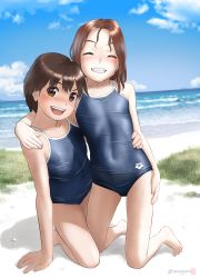 Rule 34 | 2girls, absurdres, arena (company), barefoot, beach, blue one-piece swimsuit, blue sky, blurry, breasts, brown eyes, brown hair, cloud, commentary request, competition school swimsuit, covered navel, day, depth of field, facing viewer, full body, grass, grin, hand on another&#039;s shoulder, highres, kneeling, logo, looking at viewer, mu-pyon, multiple girls, one-piece swimsuit, original, outdoors, school swimsuit, short hair, sky, small breasts, smile, swimsuit