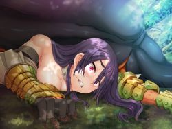 Rule 34 | 1girl, armor, black lilith, blush, breasts, clenched teeth, defeat, elma (monsters survive), long hair, monster, monsters survive, purple eyes, purple hair, shindol, tears, teeth