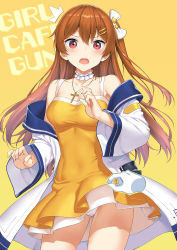 Rule 34 | 1girl, :o, bare shoulders, bow, breasts, brown hair, choker, cleavage, collarbone, covered navel, cowboy shot, cross, crotch seam, dress, girl cafe gun, gloves, hair bow, hair ornament, hairclip, highres, irene white (girl cafe gun), jacket, jewelry, layered dress, long hair, long sleeves, looking at viewer, medium breasts, necklace, notice lines, off shoulder, one side up, open clothes, open jacket, open mouth, panties, pantyshot, red eyes, sleeveless, sleeveless dress, solo, standing, surprised, surprised, takayaki, thighs, underwear, v-shaped eyebrows, white gloves, white jacket, white panties, wide sleeves, yellow background, yellow dress