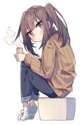 Rule 34 | 1girl, blue pants, blush, brown eyes, brown hair, brown sweater, can, canned coffee, closed mouth, commentary request, drink can, full body, head tilt, highres, holding, holding can, long hair, looking at viewer, looking to the side, original, pants, ribbed sweater, shoe soles, shoes, sidelocks, simple background, sitting, solo, steam, sweater, twintails, wagashi928, white background, white footwear