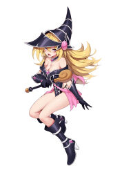 Rule 34 | 1girl, absurdres, bare shoulders, blonde hair, blush stickers, boots, breasts, capelet, cleavage, closed mouth, collar, collarbone, commentary request, detached collar, dress, duel monster, elbow gloves, full body, gloves, hat, high heels, highres, holding, holding wand, knee boots, large breasts, long hair, looking at viewer, magi magi magician gal, momihige, open mouth, pelvic curtain, pentacle, pink capelet, purple eyes, second-party source, shiny skin, short dress, simple background, tattoo, thighs, wand, white background, wizard hat, yu-gi-oh!