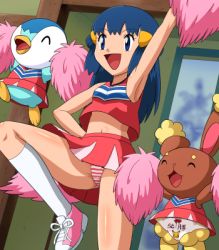 Rule 34 | 1girl, blue eyes, blue hair, buneary, cheerleader, creatures (company), dawn (pokemon), front-print panties, game freak, gen 4 pokemon, lowres, nintendo, panties, piplup, pokemoa, pokemon, pokemon (anime), pokemon (creature), print panties, underwear
