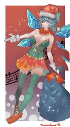 Rule 34 | 1girl, absurdres, bell, blue eyes, blue hair, blush, breasts, christmas, cirno, cleavage, gloves, hat, highres, holding, holding sack, ice, jingle bell, medium breasts, musical note, orange skirt, resolution mismatch, sack, santa hat, scarf, shoes, short hair, skirt, source smaller, sparkle, thighhighs, tomatolover16, touhou