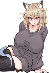 1girl :p absurdres animal_ear_fluff animal_ears arknights arm_support black_thighhighs blonde_hair blush breasts closed_mouth commentary_request cowboy_shot fang grey_sweater hair_between_eyes hair_ornament hairclip heart highres huge_breasts long_sleeves looking_at_viewer maiq06 medium_hair puffy_long_sleeves puffy_sleeves purple_eyes simple_background sitting skin_fang slit_pupils smile solo sweater thighhighs tongue tongue_out utage_(arknights) white_background x_hair_ornament