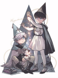 Rule 34 | 2boys, absurdres, aged down, bad id, bad pixiv id, black footwear, black hair, blue eyes, book, boots, cake, calligraphy brush, cape, cloak, closed mouth, food, futsutsuka, happy birthday, hat, highres, holding, ink bottle, long sleeves, looking up, magic, male focus, multiple boys, olruggio (tongari boushi no atelier), open mouth, paintbrush, pants, pointy hat, qifrey (tongari boushi no atelier), shoes, short hair, sitting, smile, tongari boushi no atelier, white hair, wizard hat