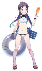 Rule 34 | 1girl, absurdres, bad id, bad twitter id, bikini, blue hair, cannon, commentary request, feet, food, full body, green eyes, grin, highres, innertube, kantai collection, long hair, looking to the side, low twintails, machinery, navel, popsicle, ribbon, sandals, smile, solo, suzukaze (kancolle), swim ring, swimsuit, tank top, toes, transparent background, turret, twintails, uyama hajime, white background, white bikini, wristband