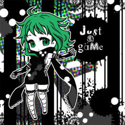 Rule 34 | 1girl, bad id, bad pixiv id, black dress, breasts, chibi, dress, elbow gloves, female focus, fingerless gloves, full body, gloves, green eyes, green hair, gumi, hinn, just a game (vocaloid), matching hair/eyes, no nose, partially colored, scarf, sideboob, solo, spot color, thighhighs, vocaloid