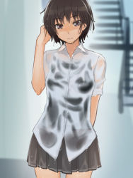 Rule 34 | 1girl, amagami, black hair, brown eyes, competition swimsuit, gradient background, highres, megane chuu, nanasaki ai, one-piece swimsuit, school uniform, see-through, short hair, solo, swimsuit, swimsuit under clothes, wet, wet clothes