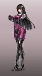Rule 34 | 1girl, black footwear, black hair, bodysuit, boots, breasts, covered erect nipples, full body, high heel boots, high heels, huge breasts, impossible bodysuit, impossible clothes, kamori sayaka, large breasts, latex, long hair, nun, original, purple bodysuit, purple eyes, rindou (radical dream), shiny clothes, skin tight, slime (substance), solo, standing, thigh boots, thighhighs