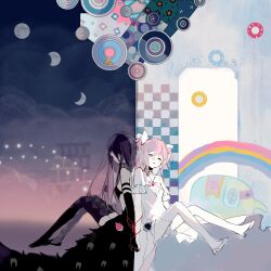 Rule 34 | 2girls, abstract, abstract background, absurdres, akemi homura, akuma homura, argyle, argyle clothes, argyle legwear, arms at sides, back-to-back, bare shoulders, black dress, black gloves, bow, cleavage cutout, closed eyes, clothing cutout, cloud, commentary, contrast, crescent moon, dress, elbow gloves, entangled, frilled sleeves, frills, from side, full body, full moon, gloves, hair between eyes, hair bow, highres, holding hands, kaname madoka, knees up, long hair, mahou shoujo madoka magica, mahou shoujo madoka magica: hangyaku no monogatari, mixed-language commentary, moon, moon phases, multiple girls, night, night sky, pink hair, purple hair, purple thighhighs, rainbow, shenbaitu, short hair, short sleeves, short twintails, sitting, sky, soul gem, star (symbol), straight hair, string, string of fate, thighhighs, twintails, ultimate madoka, white dress, white thighhighs