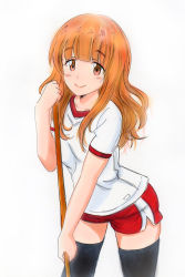 Rule 34 | 10s, 1girl, black thighhighs, blunt bangs, broom, closed mouth, commentary, cowboy shot, girls und panzer, gym shirt, gym shorts, gym uniform, highres, holding, holding broom, leaning forward, long hair, looking at viewer, marker (medium), orange eyes, orange hair, potekite, red shorts, shirt, short shorts, short sleeves, shorts, single vertical stripe, sketch, smile, solo, standing, takebe saori, thighhighs, traditional media, white background, white shirt