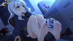 Rule 34 | 1girl, ajifurai, bare legs, barefoot, black hoodie, blue archive, blush, can, chair, collarbone, convenient leg, cross hair ornament, feet, foot focus, foreshortening, green eyes, grey hair, hair ornament, halo, hand on own chin, hare (blue archive), highres, hood, hood down, hoodie, light blush, long hair, parted lips, sitting, soles, solo, spoken squiggle, squiggle, sweat, toes
