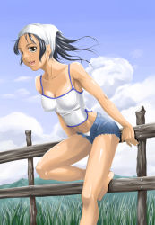 Rule 34 | 1girl, against fence, barefoot, black hair, breasts, camisole, cleavage, cloud, covered erect nipples, day, denim, denim shorts, fence, grass, grey eyes, happy, head scarf, kawamura tsukasa, leaning forward, medium breasts, midriff, open mouth, original, panties, short hair, shorts, solo, underwear, unzipped, white panties