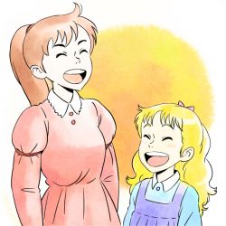 Rule 34 | 1980s (style), 2girls, ai no wakakusa monogatari, amy march, arm garter, blonde hair, brown hair, dress, closed eyes, height difference, high ponytail, jitsusan, josephine march, laughing, multiple girls, retro artstyle, open mouth, red dress, retro artstyle, siblings, sisters, world masterpiece theater
