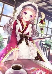 Rule 34 | 1girl, :d, bow, brown bow, ceiling, chair, coffee, coffee cup, cup, day, disposable cup, hane segawa, highres, holding, holding tray, indoors, long hair, long sleeves, looking at viewer, maid, open mouth, original, parfait, purple eyes, smile, table, tray, wa maid, wide sleeves, window
