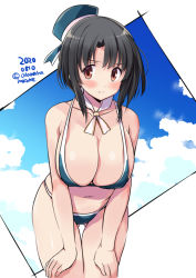 Rule 34 | 1girl, beret, bikini, black hair, blue bikini, blue hat, blush, breasts, cleavage, closed mouth, collarbone, cowboy shot, dated, gluteal fold, hat, kantai collection, large breasts, looking at viewer, navel, odawara hakone, red eyes, short hair, solo, swimsuit, takao (kancolle), twitter username