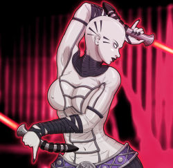 Rule 34 | 1girl, asajj ventress, bald, bald girl, belt, black lips, black nails, bodysuit, breasts, bulge, clone wars, covered navel, dual wielding, energy sword, erection, erection under clothes, fighting stance, holding, jeibii, large breasts, lightsaber, lipstick, makeup, nail polish, no pupils, pinky out, solo, star wars, star wars: the clone wars, sword, weapon