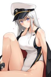 Rule 34 | 1girl, azur lane, black gloves, blue eyes, blush, breasts, cape, closed mouth, collarbone, competition swimsuit, enterprise (azur lane), fingerless gloves, gloves, halcon, half gloves, hat, knee up, large breasts, looking at viewer, one-piece swimsuit, peaked cap, sideboob, sidelocks, silver hair, simple background, sitting, solo, swimsuit, white background, white hat, white one-piece swimsuit