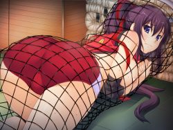 Rule 34 | 1girl, ass, breasts, buruma, clothes lift, elbow pads, entangled, from behind, game cg, gym storeroom, hair between eyes, hair ribbon, knee pads, large breasts, long hair, looking at viewer, looking back, mat, nipples, ponytail, purple eyes, purple hair, red buruma, red ribbon, restrained, ribbon, shirt lift, sideboob, solo, sportswear, sweat, unagimaru, volley coaching!, volleyball net, volleyball uniform, wavy mouth, yaotome misuzu