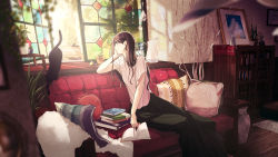 Rule 34 | 1girl, blouse, book, brown eyes, brown hair, highres, maeda mic, picture frame, shirt, skirt, smile, solo, stained glass, white shirt, window