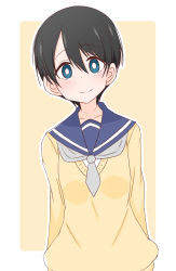 Rule 34 | 1girl, ame (amechan17391739), black hair, blue eyes, blue sailor collar, bright pupils, closed mouth, commentary request, highres, long sleeves, looking at viewer, neckerchief, outline, sailor collar, saitou ena, short hair, short sleeves, smile, solo, sweater, upper body, v-neck, white outline, white pupils, yellow background, yellow sweater, yurucamp
