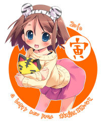 Rule 34 | 10s, 1girl, 2010, animal ears, blue eyes, brown hair, female focus, flat chest, hug, leaning forward, new year, no nose, original, pu-en, skirt, smile, solo, sweater, tiger ears, white background