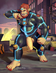 Rule 34 | 1boy, absurdres, bara, beard, black bodysuit, body markings, body modification, bodysuit, chest jewel, clenched hand, clothing cutout, colored skin, crotch cutout, cyborc (retrosharkspike), cyborg, dmian kinky, earrings, facial hair, flaccid, flexing pectorals, forehead jewel, foreskin, full beard, girthy penis, hand to own mouth, highres, huge eyebrows, jewelry, knee cutout, large pectorals, legs apart, looking ahead, male focus, mature male, monster boy, muscular, muscular male, orange fur, orc, original, pectorals, penis, pointy ears, sex, short hair, shoulder cutout, solo, superhero costume, thick beard, thighs, tusks, uncensored, yellow skin