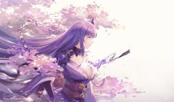 Rule 34 | 1girl, absurdres, blunt bangs, breasts, cherry blossoms, cleavage, from side, gang beng er, genshin impact, highres, japanese clothes, kimono, large breasts, long hair, long sleeves, mole, mole under eye, purple eyes, purple hair, purple kimono, raiden shogun, solo, vision (genshin impact), wide sleeves